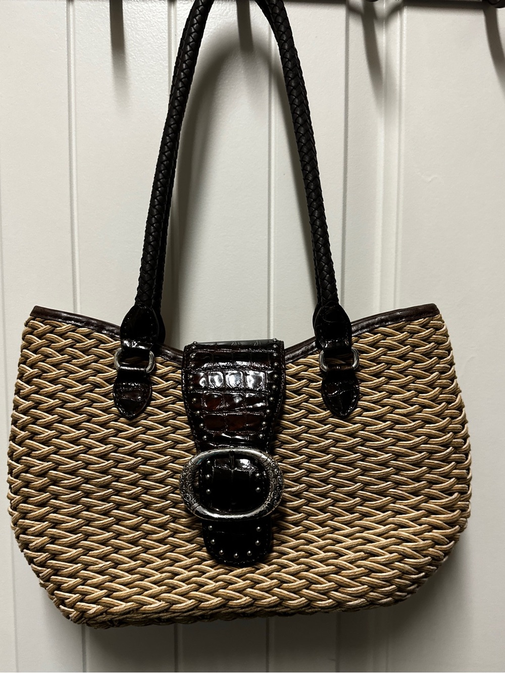Brighton Woven Straw Shoulder Bag with Dark Brown Trim and Buckle